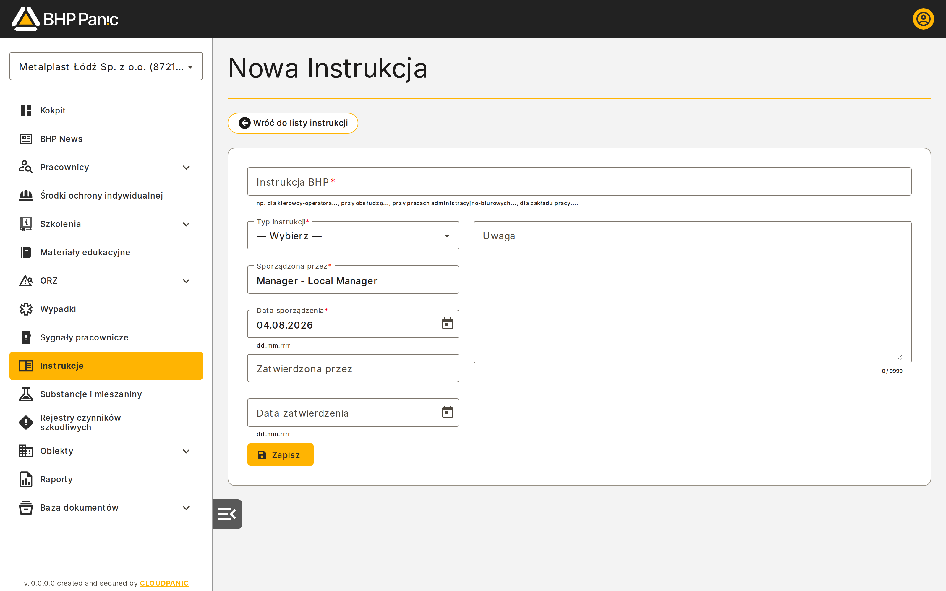 Formularz nowej instrukcji