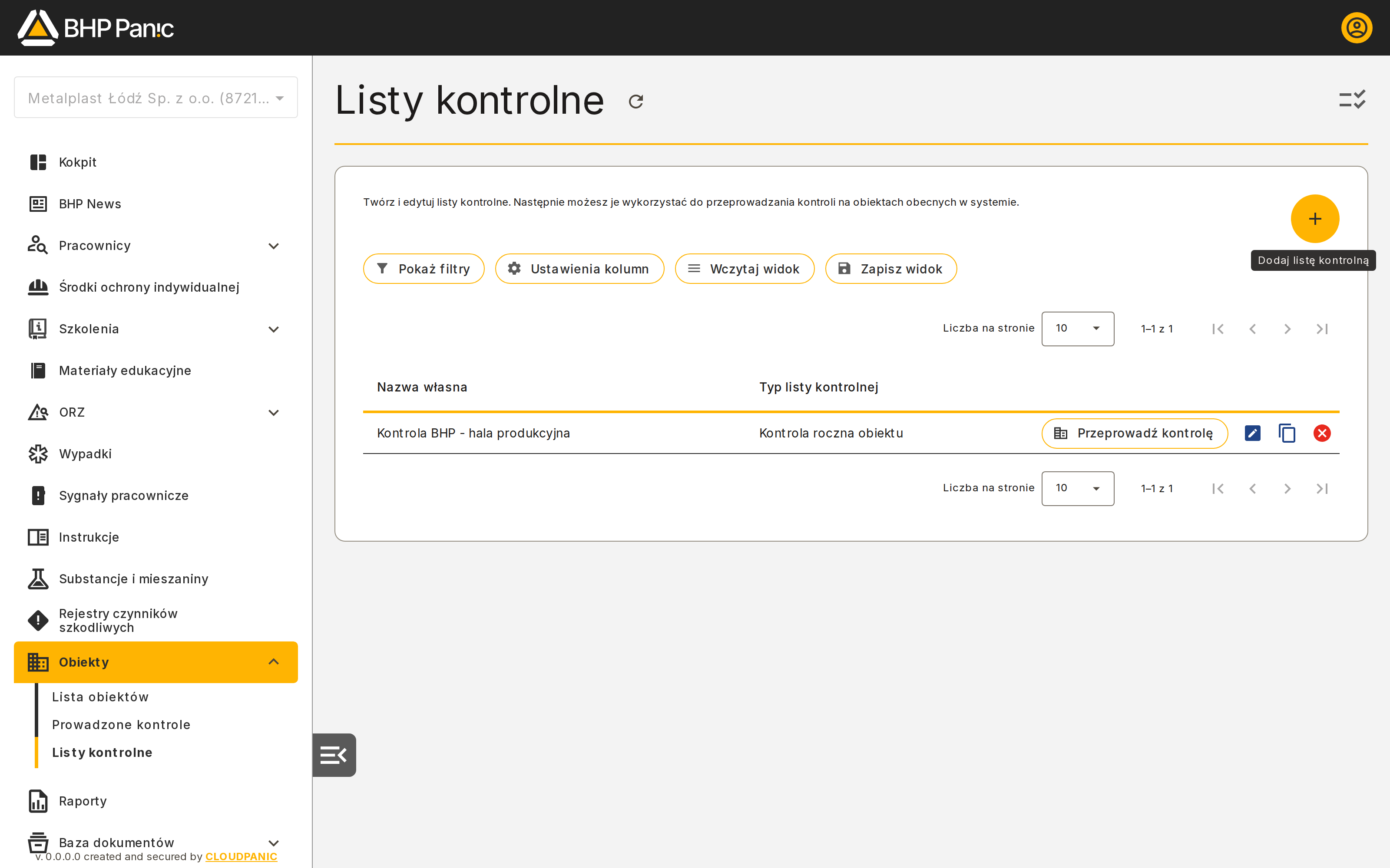 Ekran początkowy list kontrolnych
