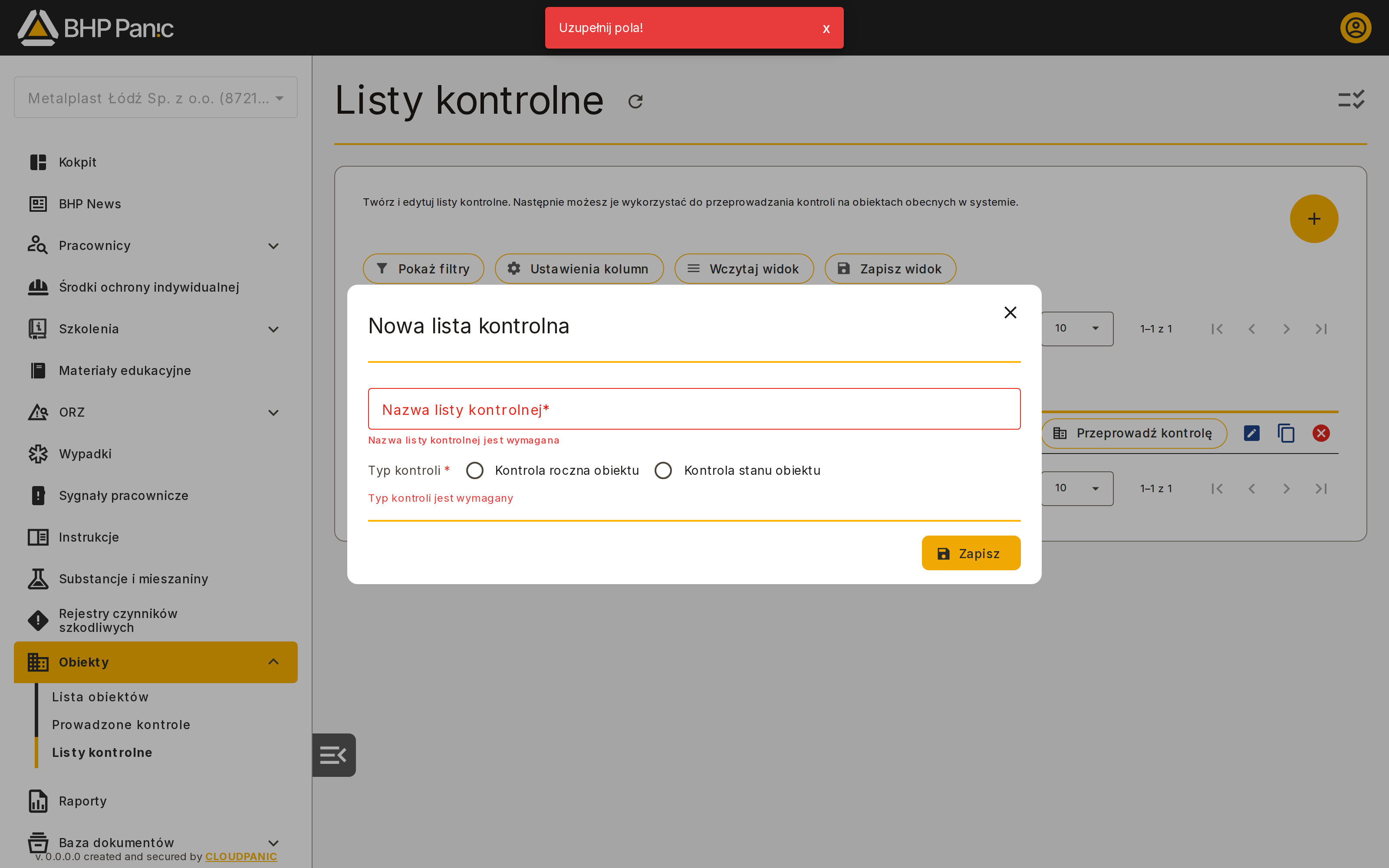 Formularz nowej listy kontrolnej z komunikatami walidacji