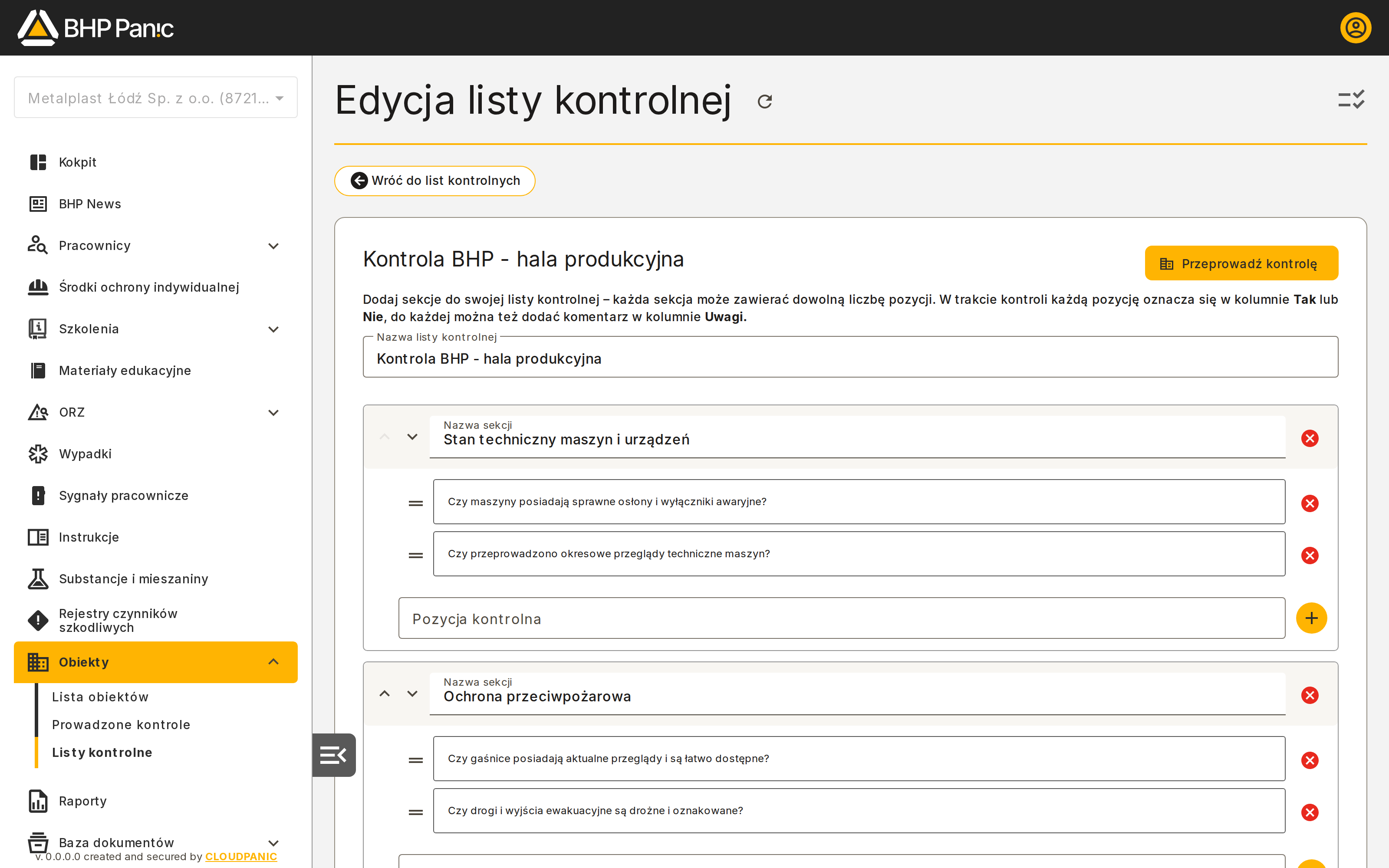 Ekran edycji szablonu listy kontrolnej