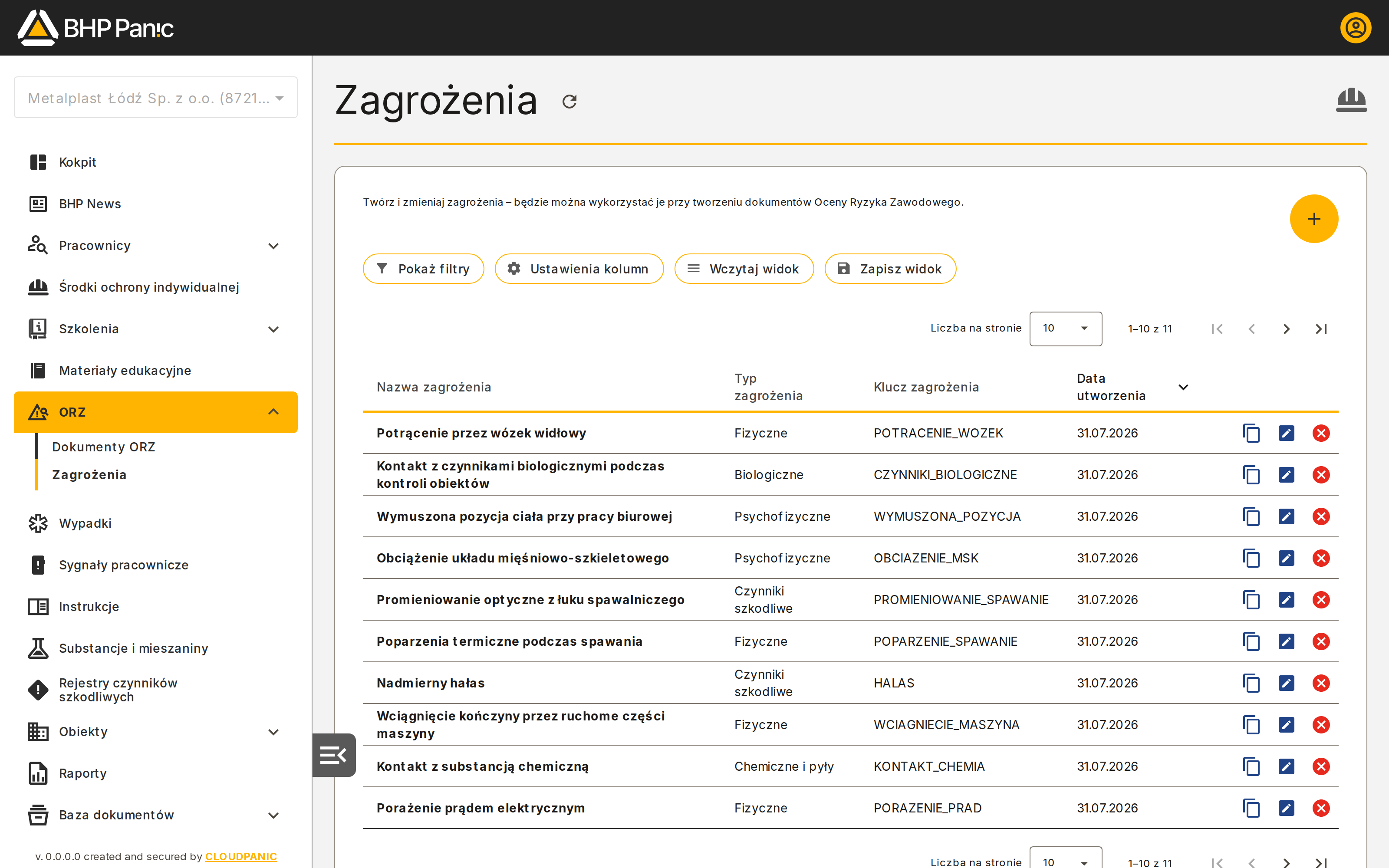 Ekran startowy listy Zagrożeń