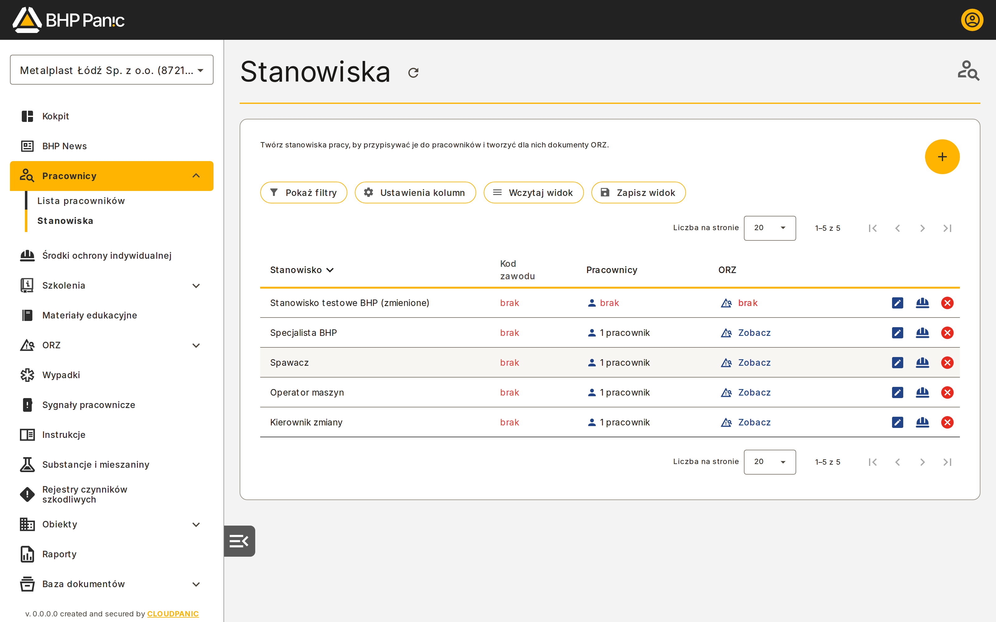 Lista stanowisk — stan początkowy