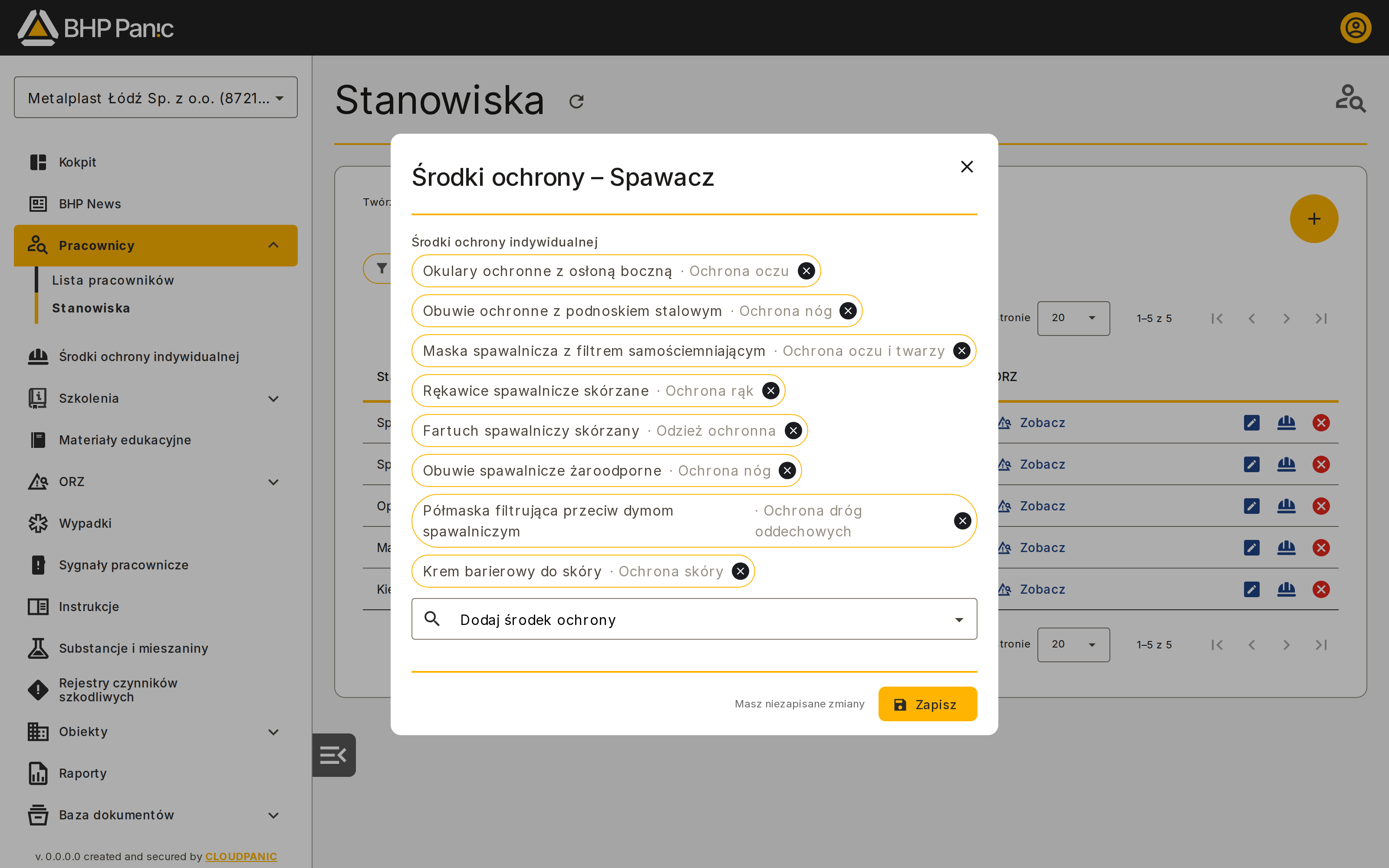 Widok środków ochrony dla stanowiska Spawacz