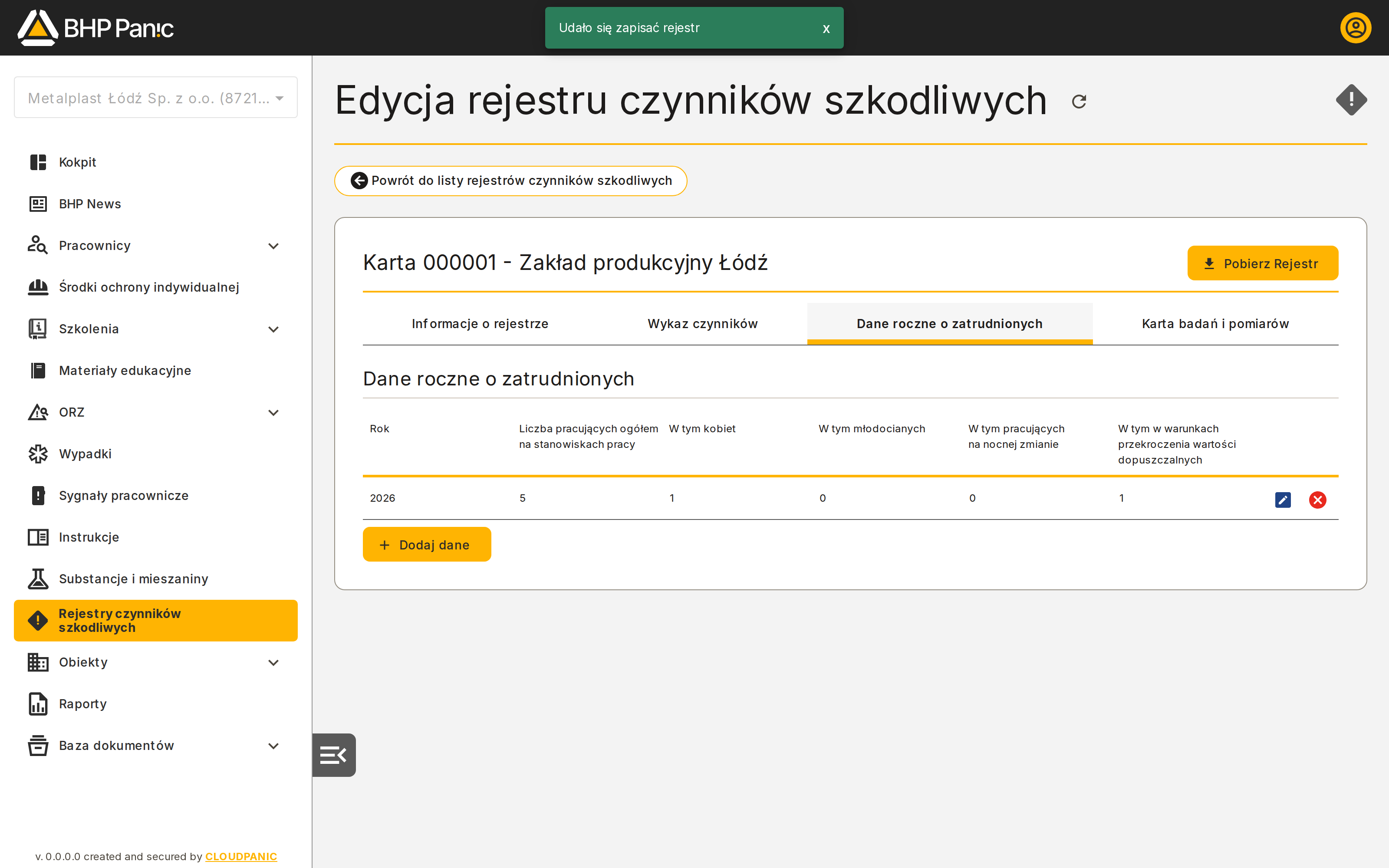 Zakładka Dane roczne o zatrudnionych