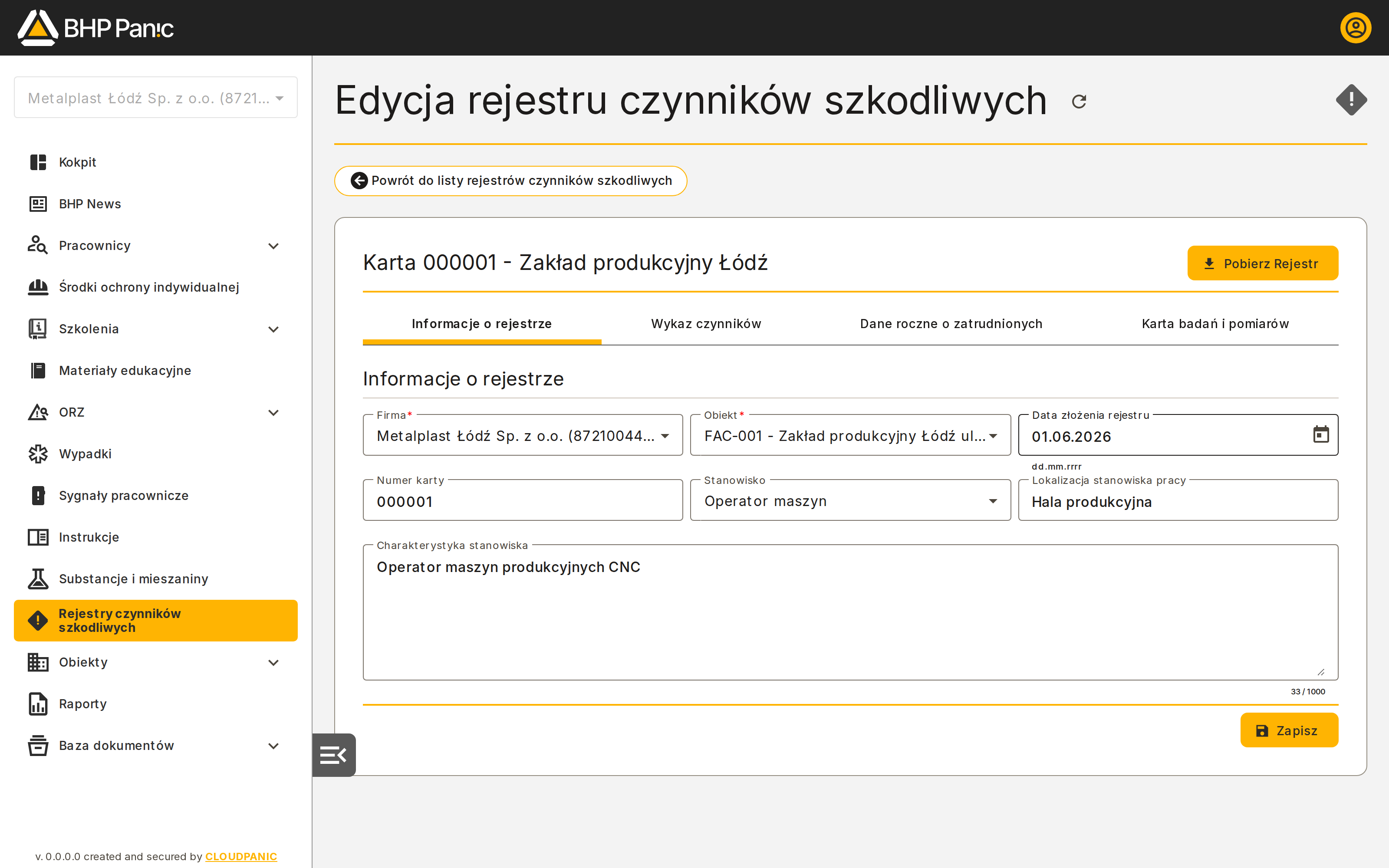Zakładka Informacje o rejestrze