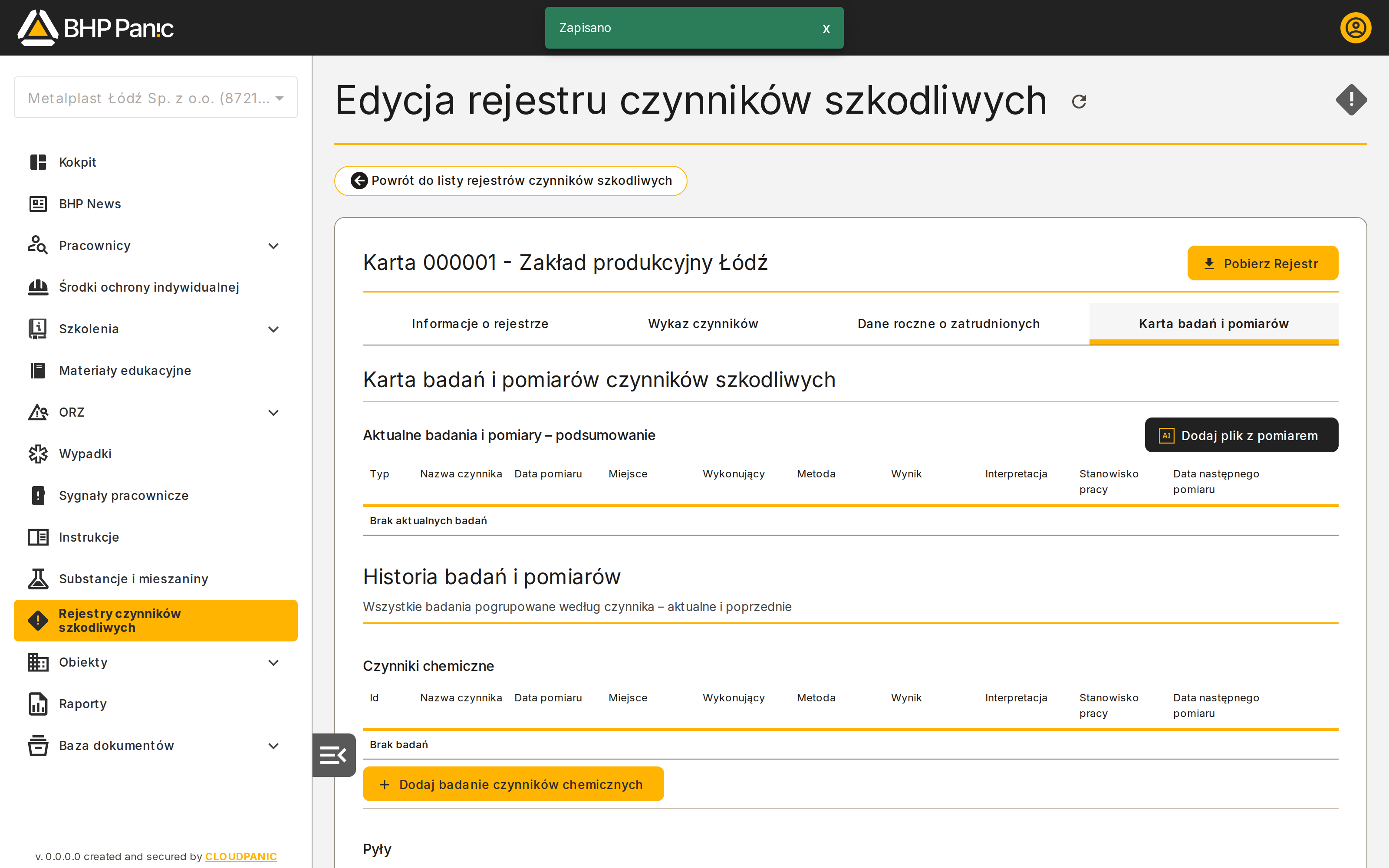 Zakładka Karta badań i pomiarów