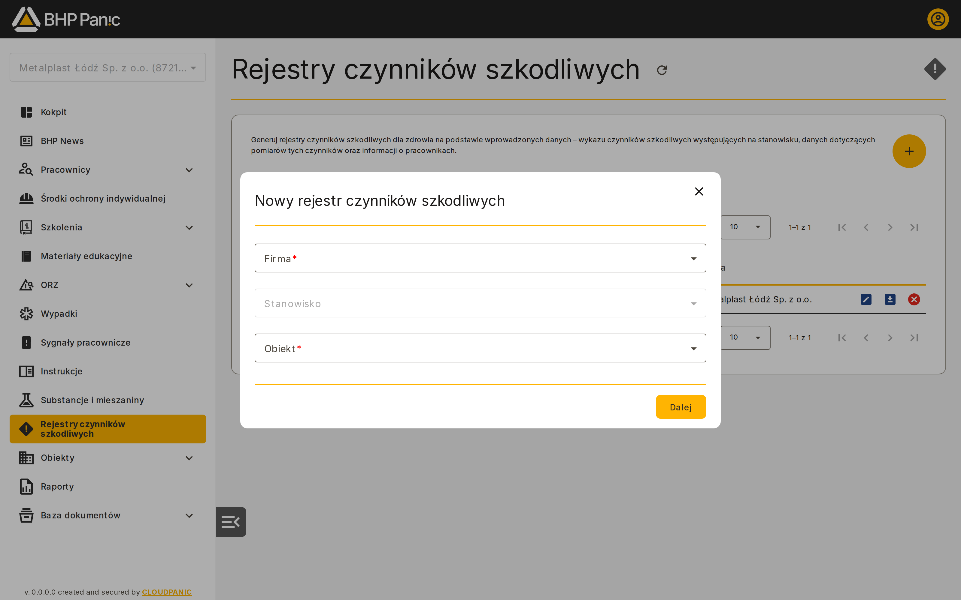 Dialog nowy rejestr czynników szkodliwych