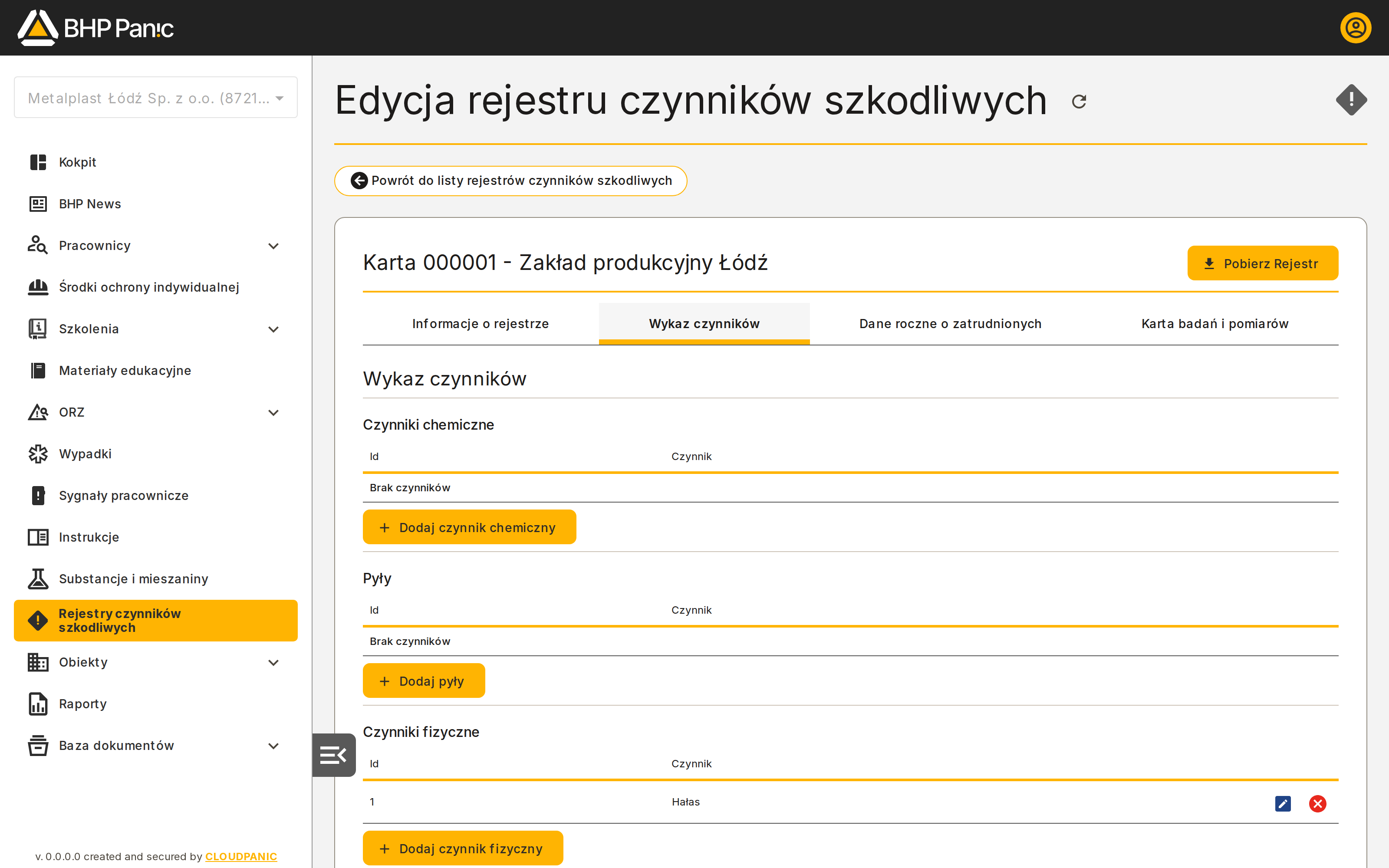 Zakładka Wykaz czynników