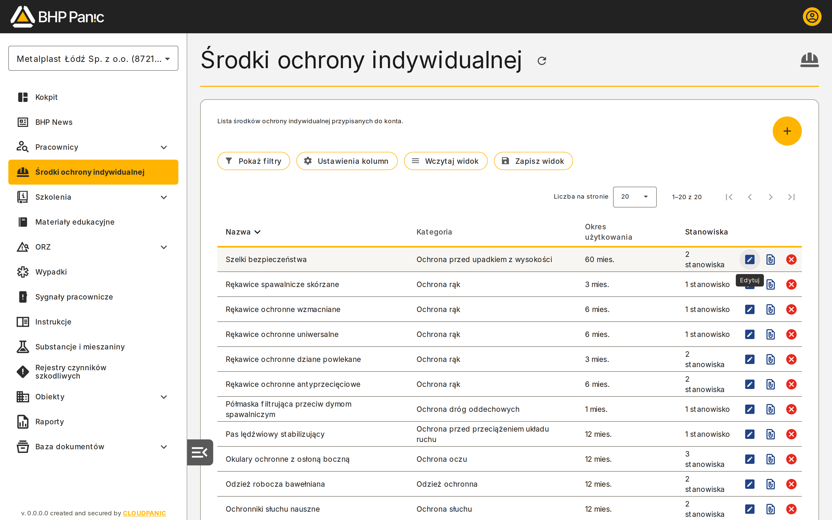 Ekran początkowy listy środków ochrony indywidualnej