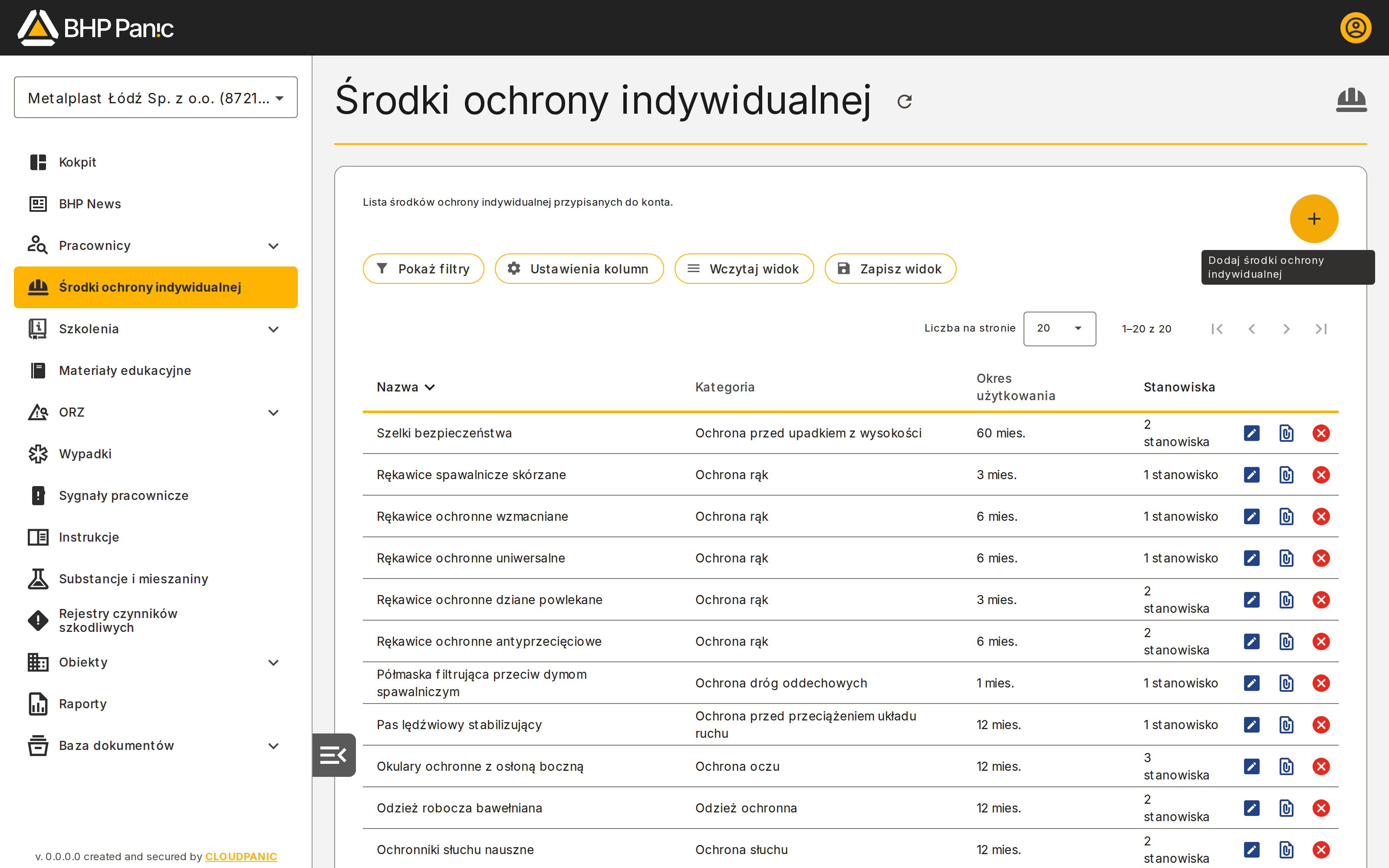 Ekran startowy listy środków ochrony indywidualnej