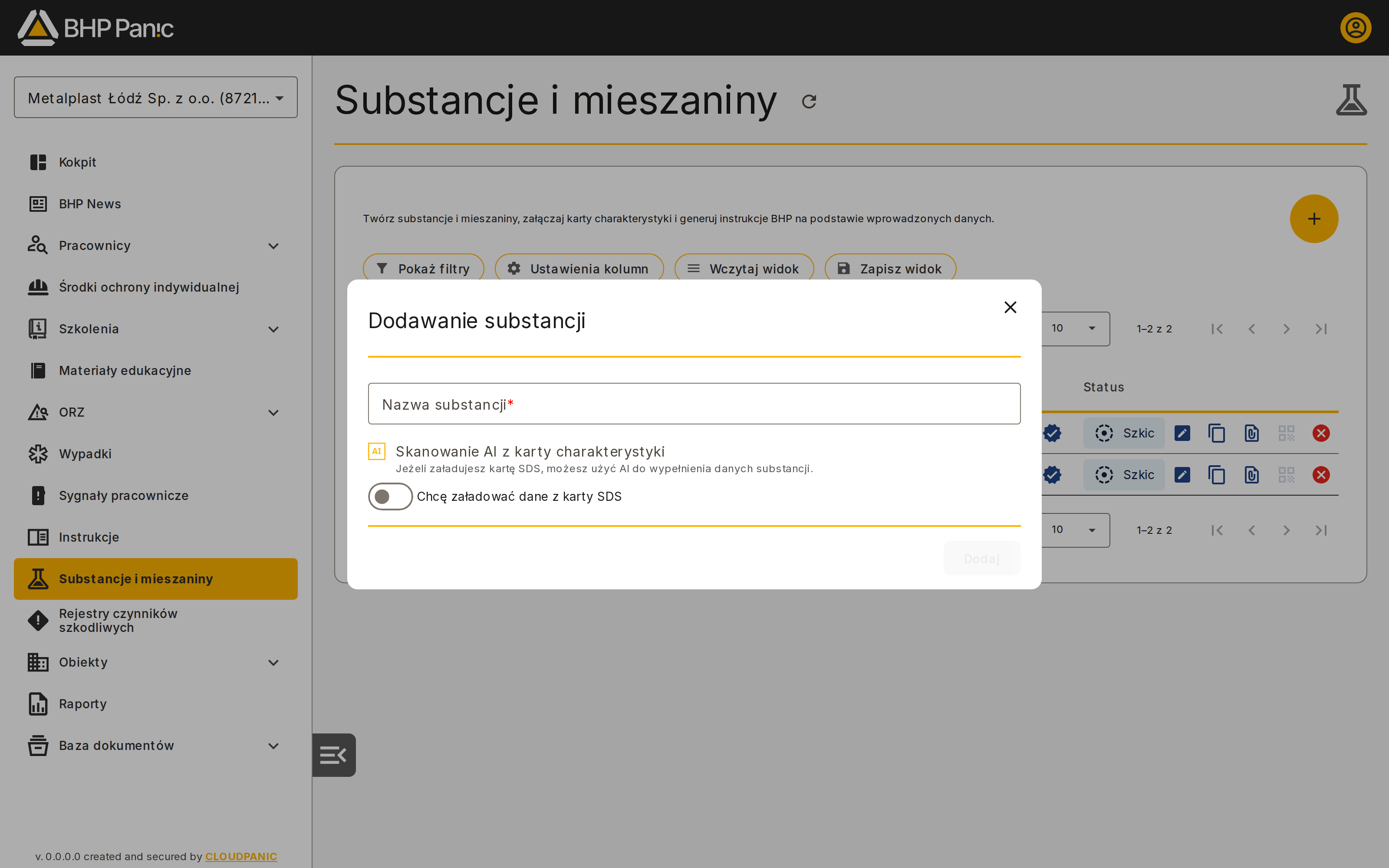 Formularz dodawania substancji przed włączeniem opcji SDS