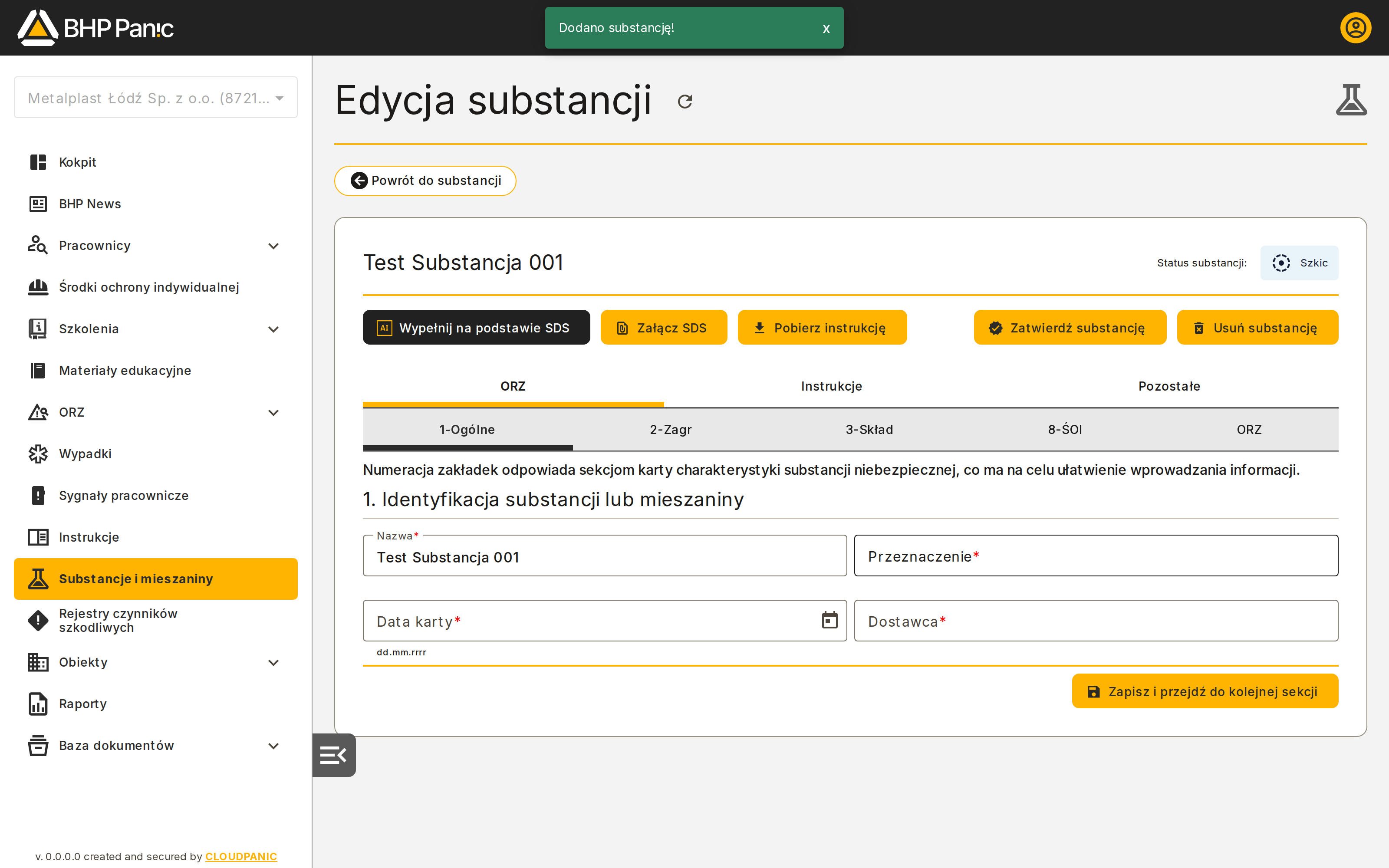 Strona edycji nowo utworzonej substancji