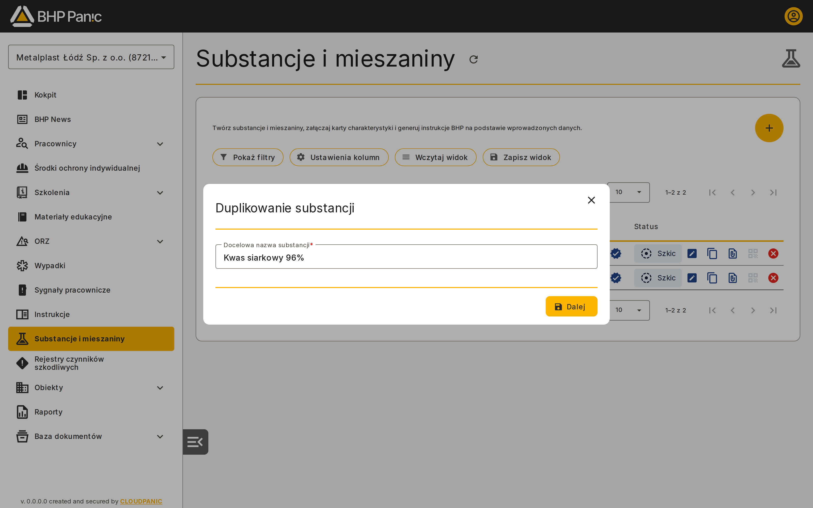 Ekran Duplikowanie substancji z polem docelowej nazwy