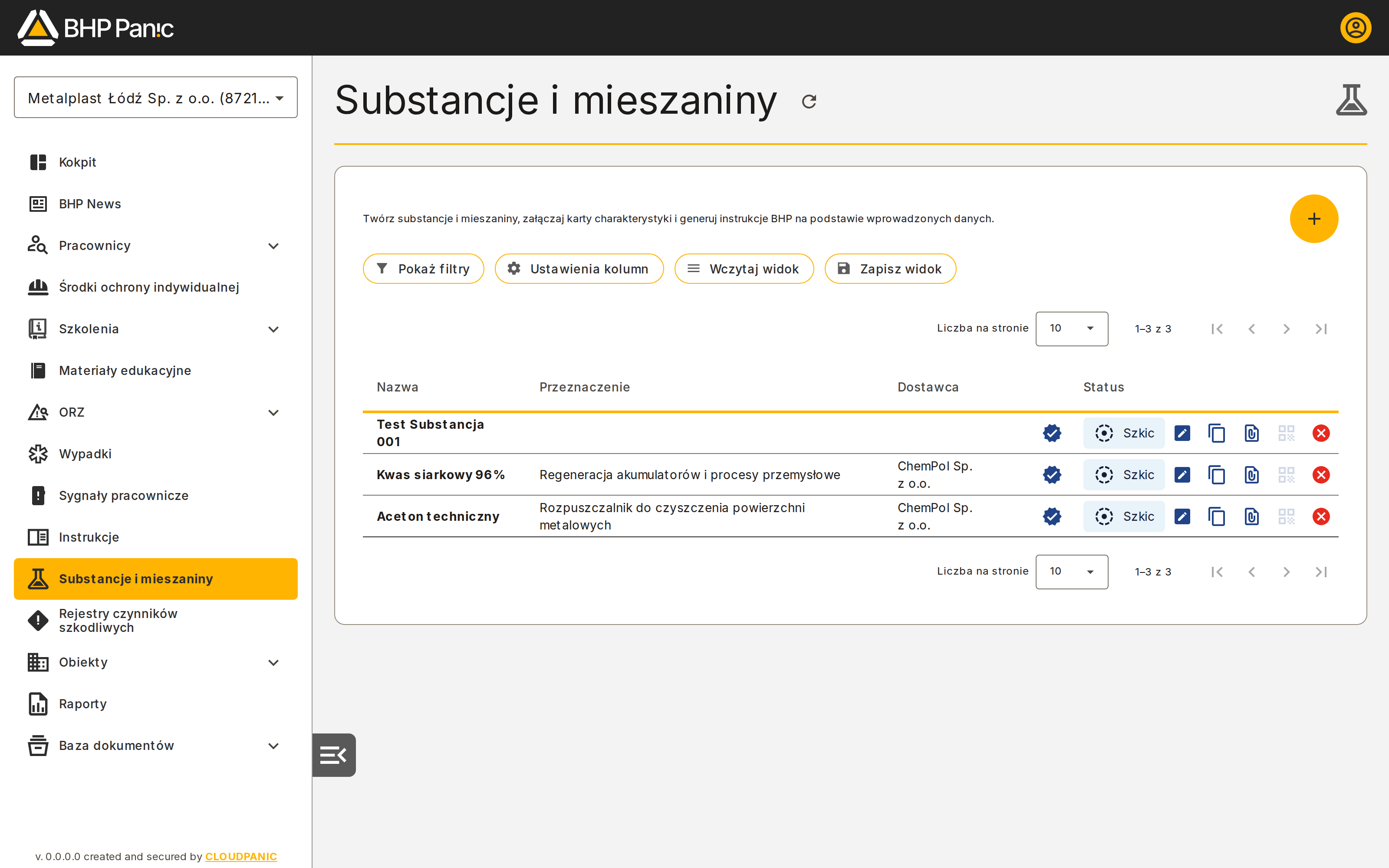 Ekran listy substancji