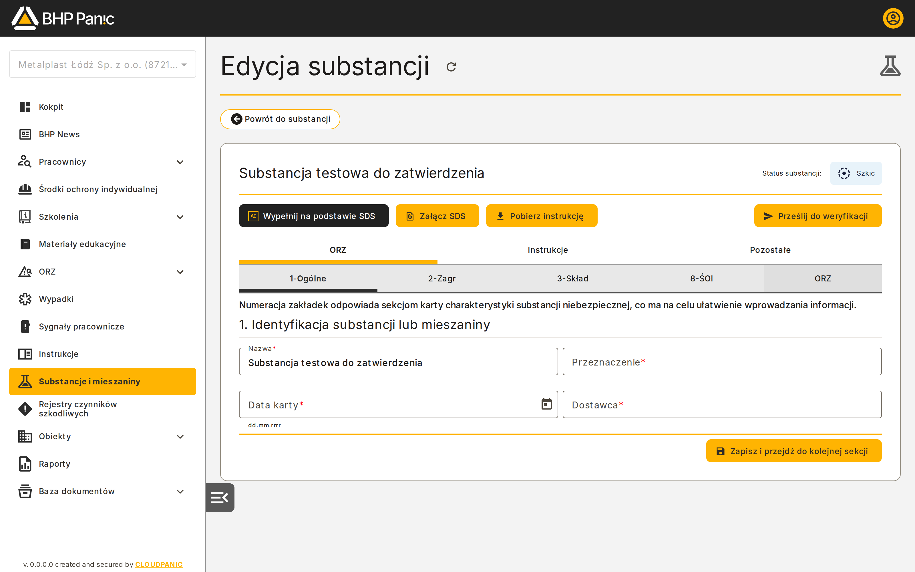 Ekran edycji substancji ze statusem widocznym w nagłówku