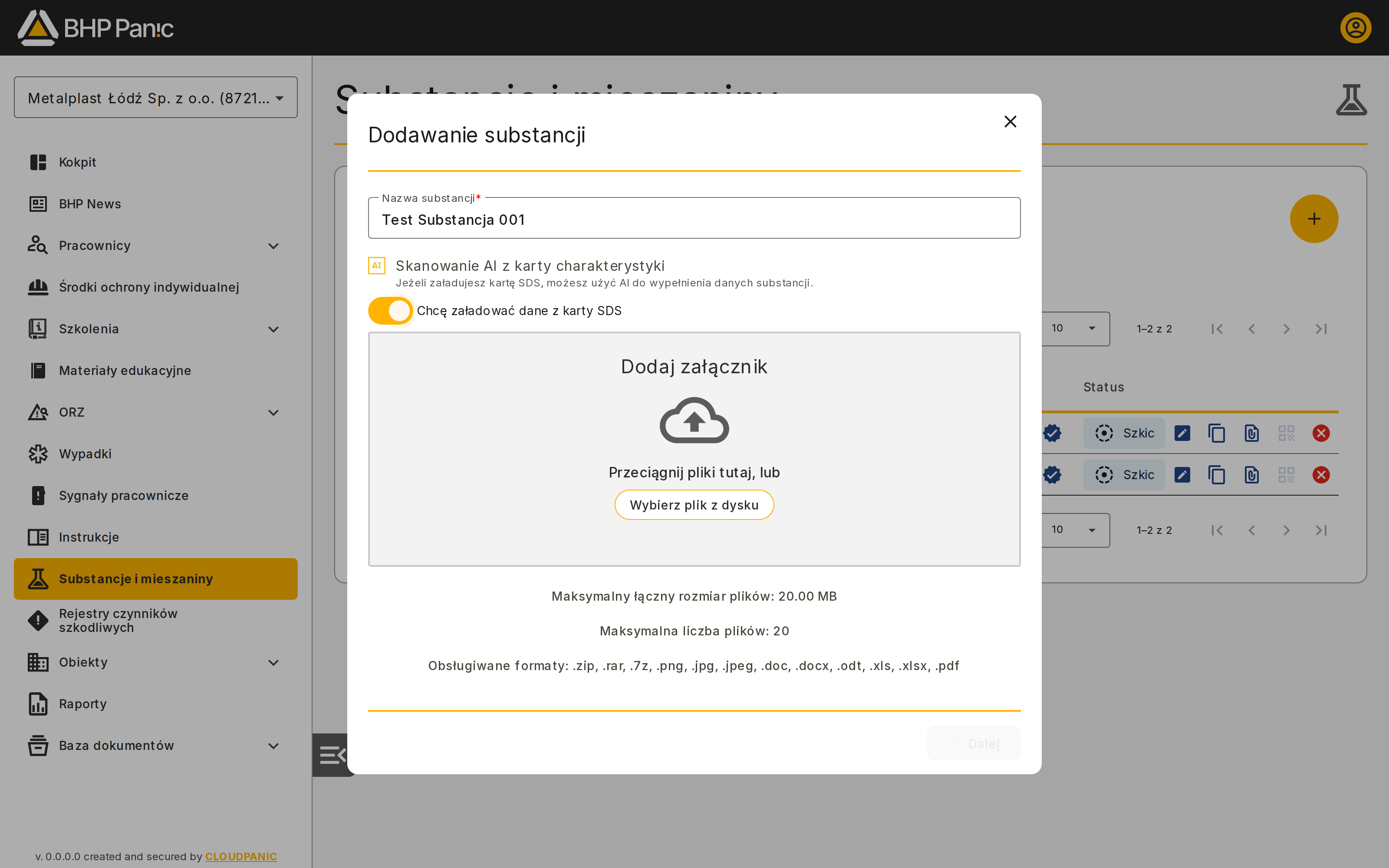 Okno z aktywną opcją załączania karty SDS i polem uploadu pliku