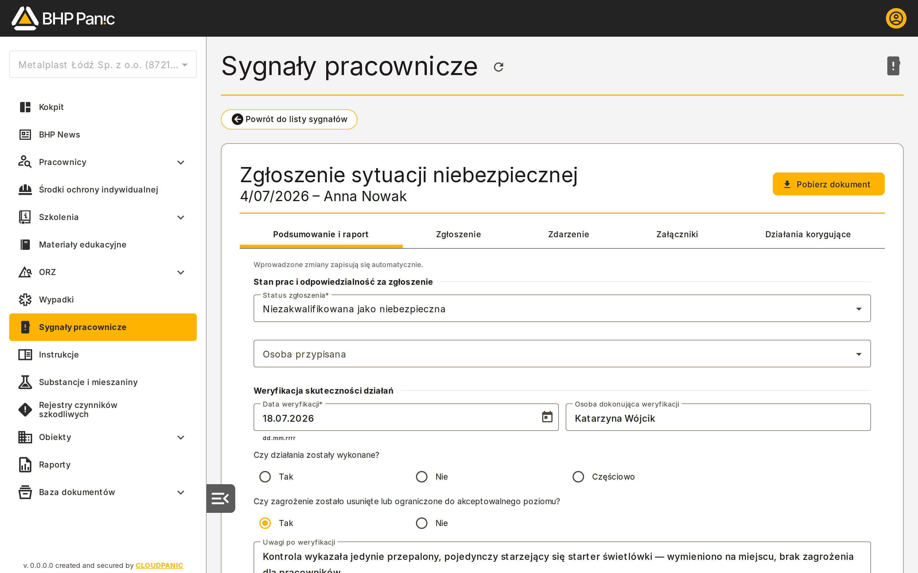Ekran początkowy — podgląd zgłoszenia