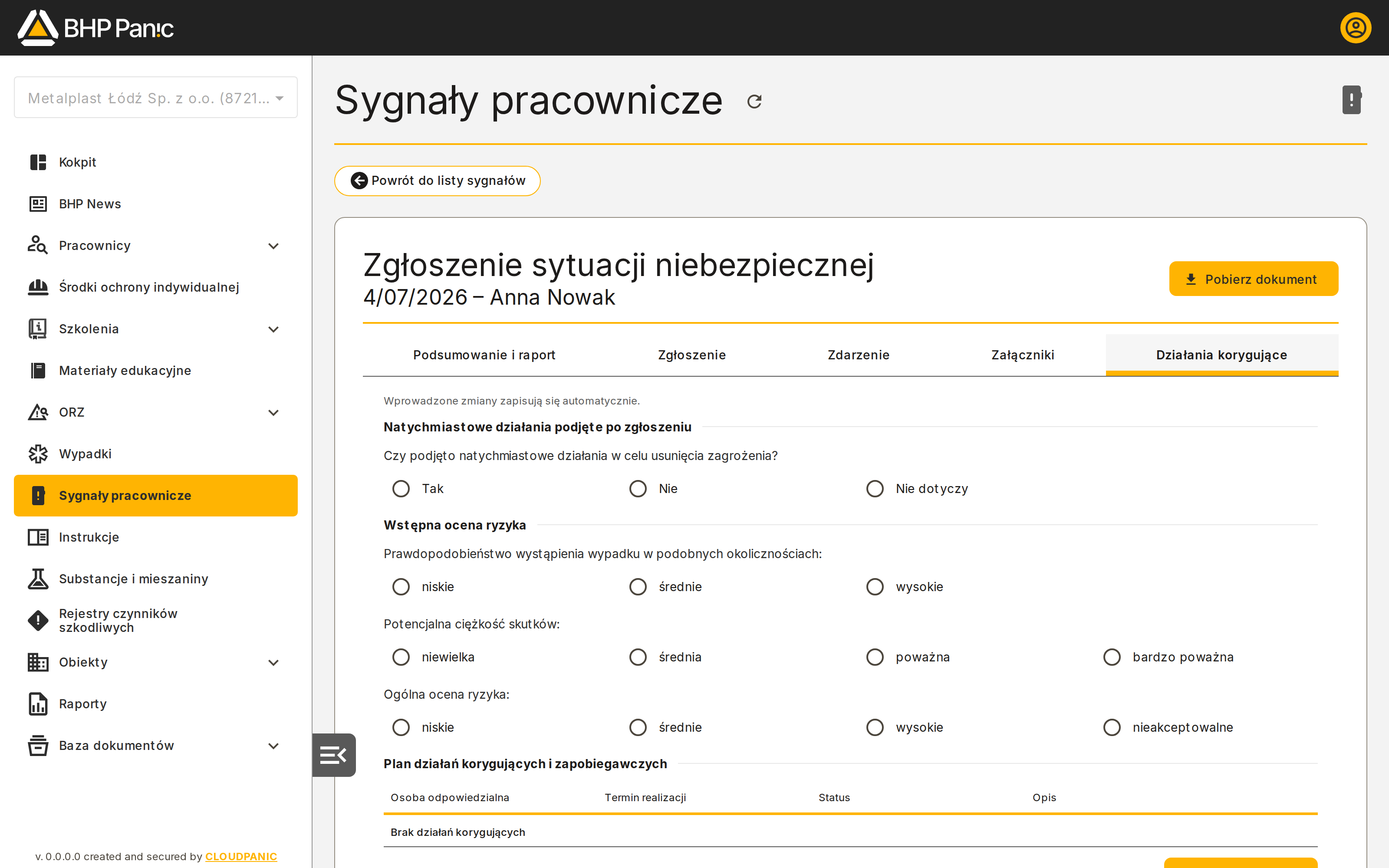 Zakładka: Działania korygujące