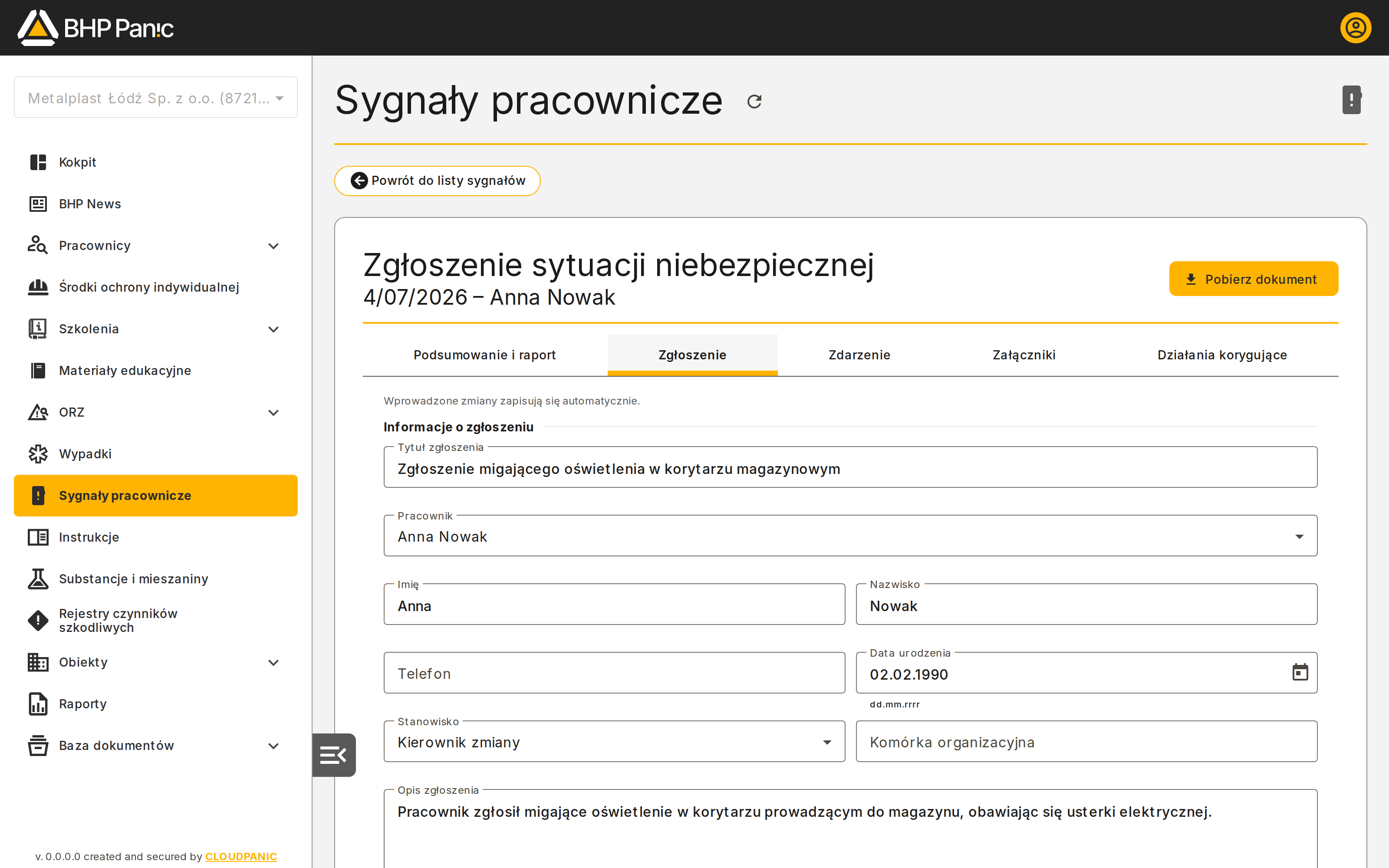 Zakładka: Zgłoszenie