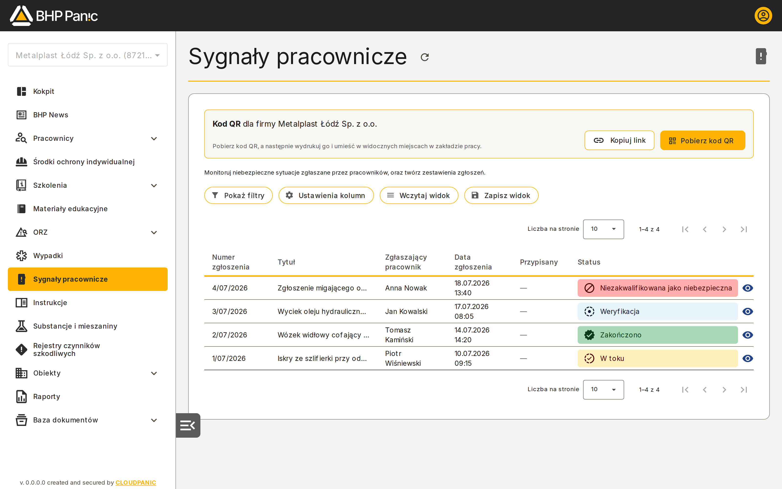 Ekran startowy modułu Sygnały pracownicze — lista zgłoszeń