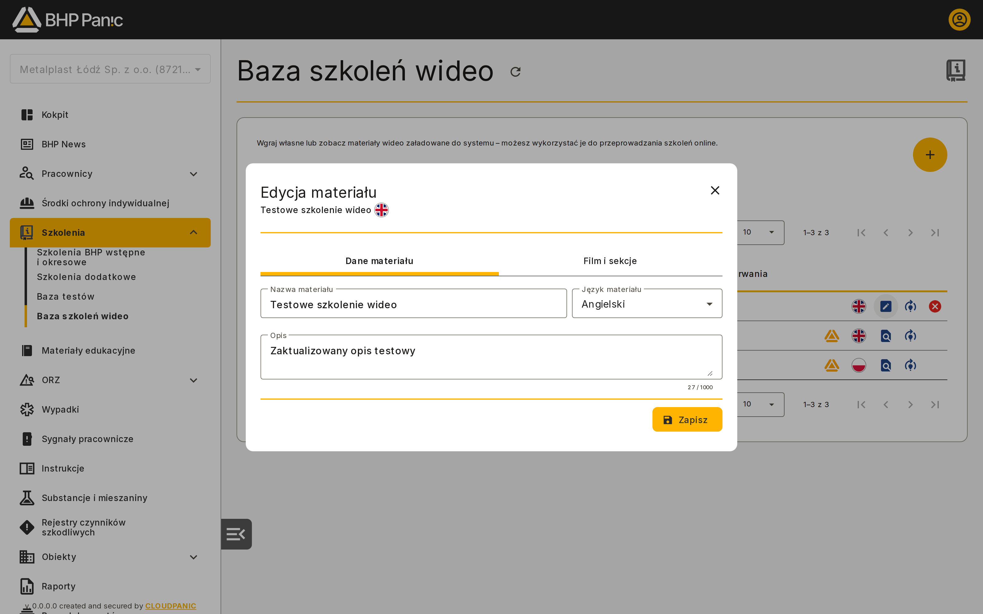 Zakładka Dane materiału w edycji
