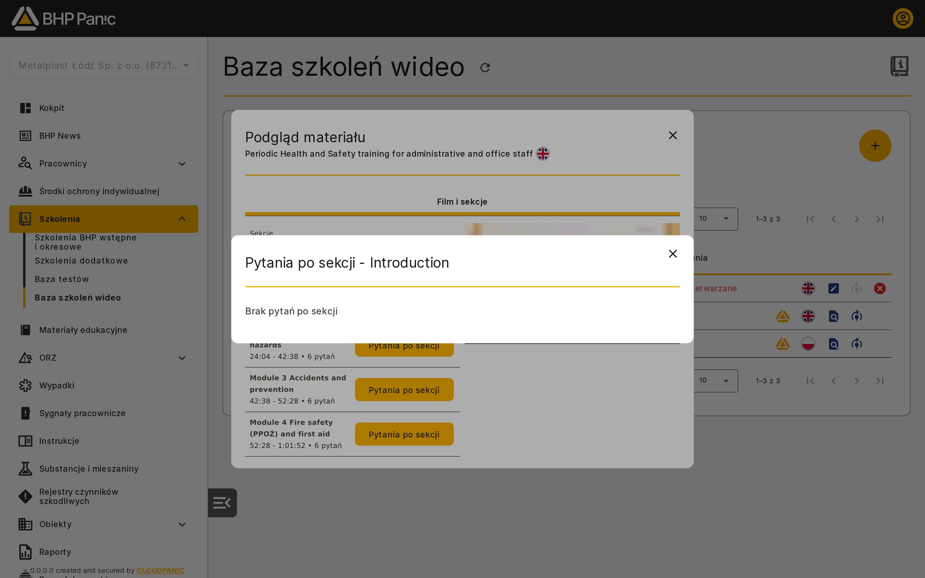 Ekran Pytania po sekcji — brak pytań