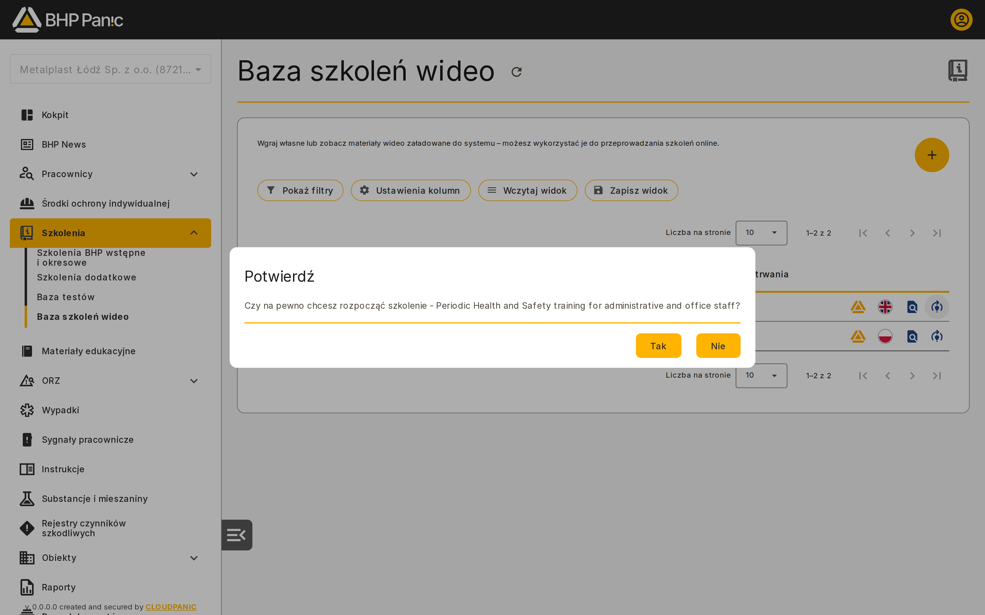 Potwierdzenie rozpoczęcia szkolenia