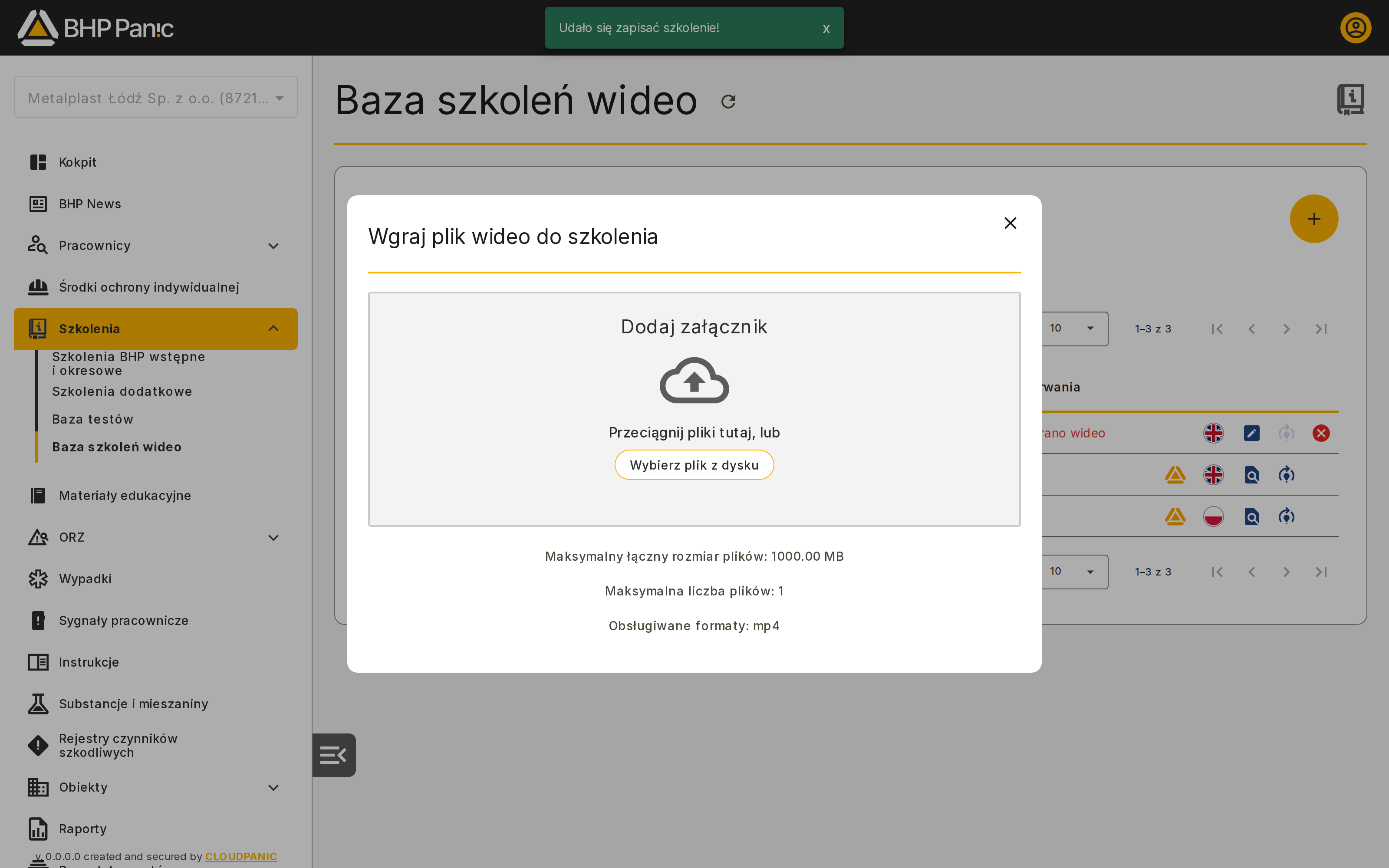 Okno wgrywania pliku wideo