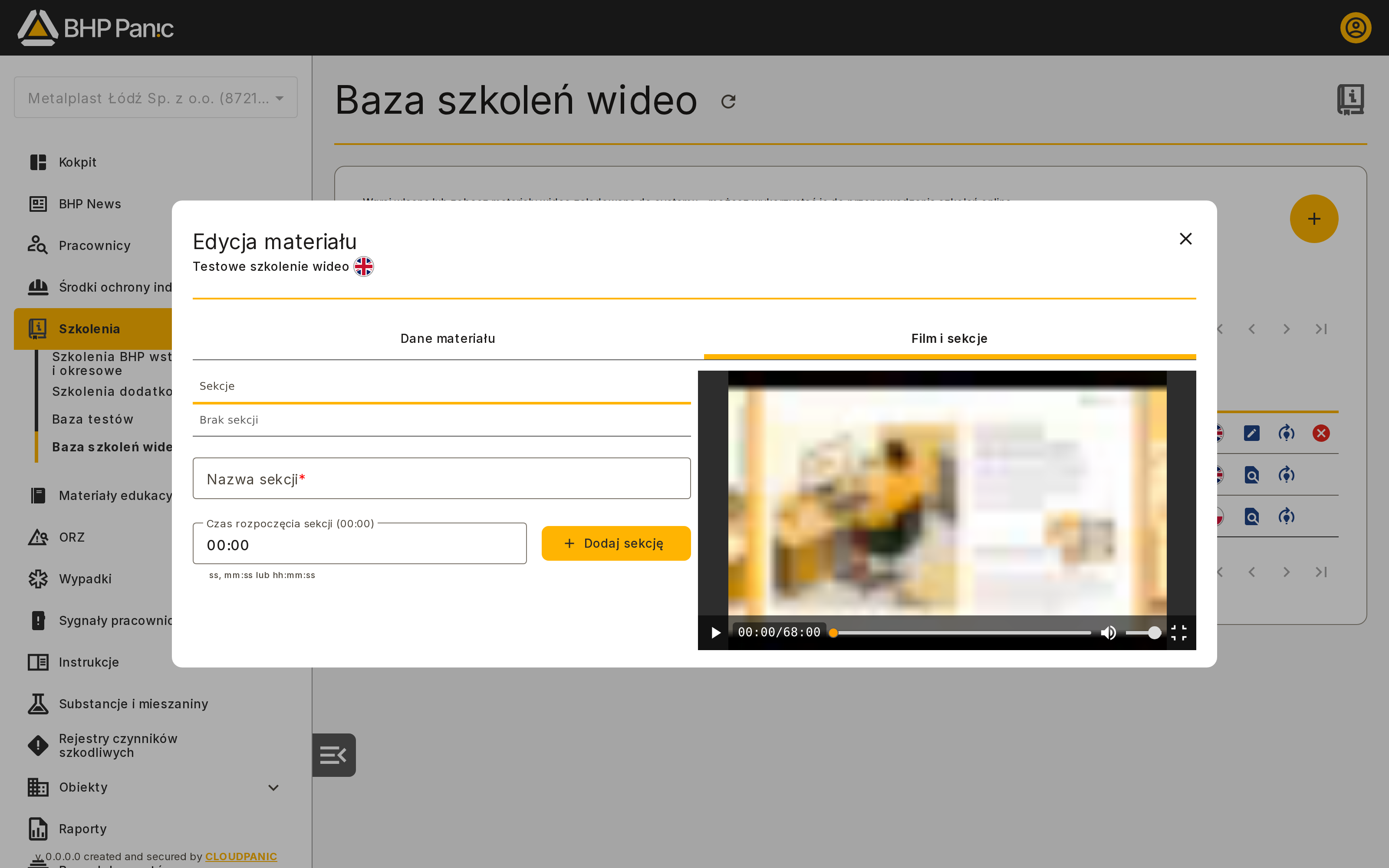 Zakładka Film i sekcje w edycji materiału