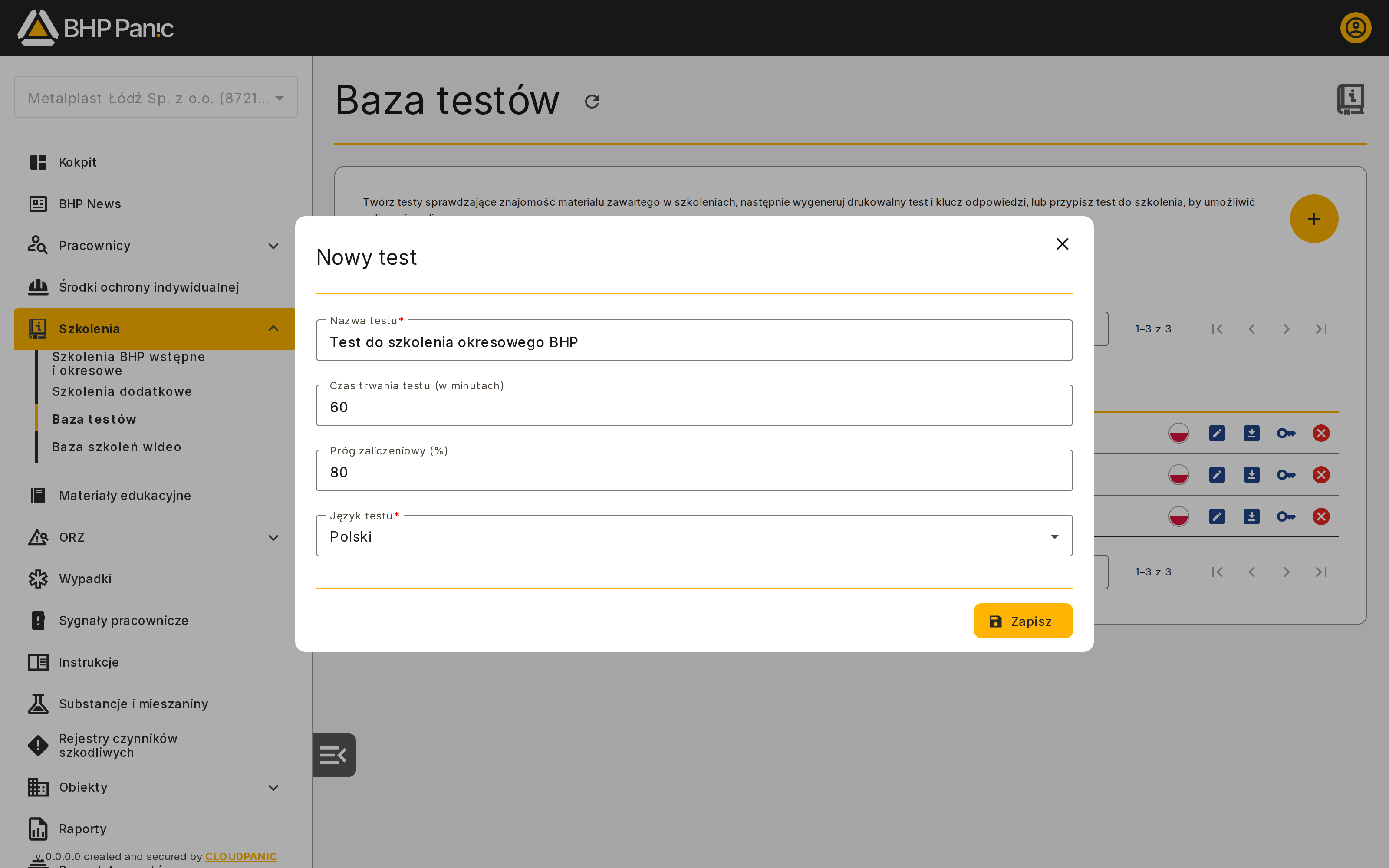 Dialog tworzenia nowego testu
