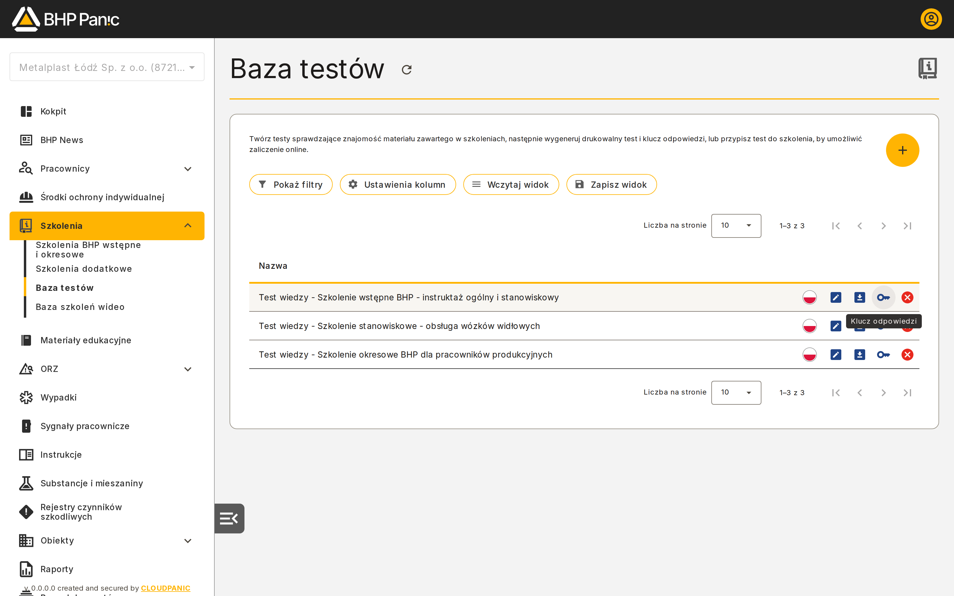 Ekran startowy listy testów