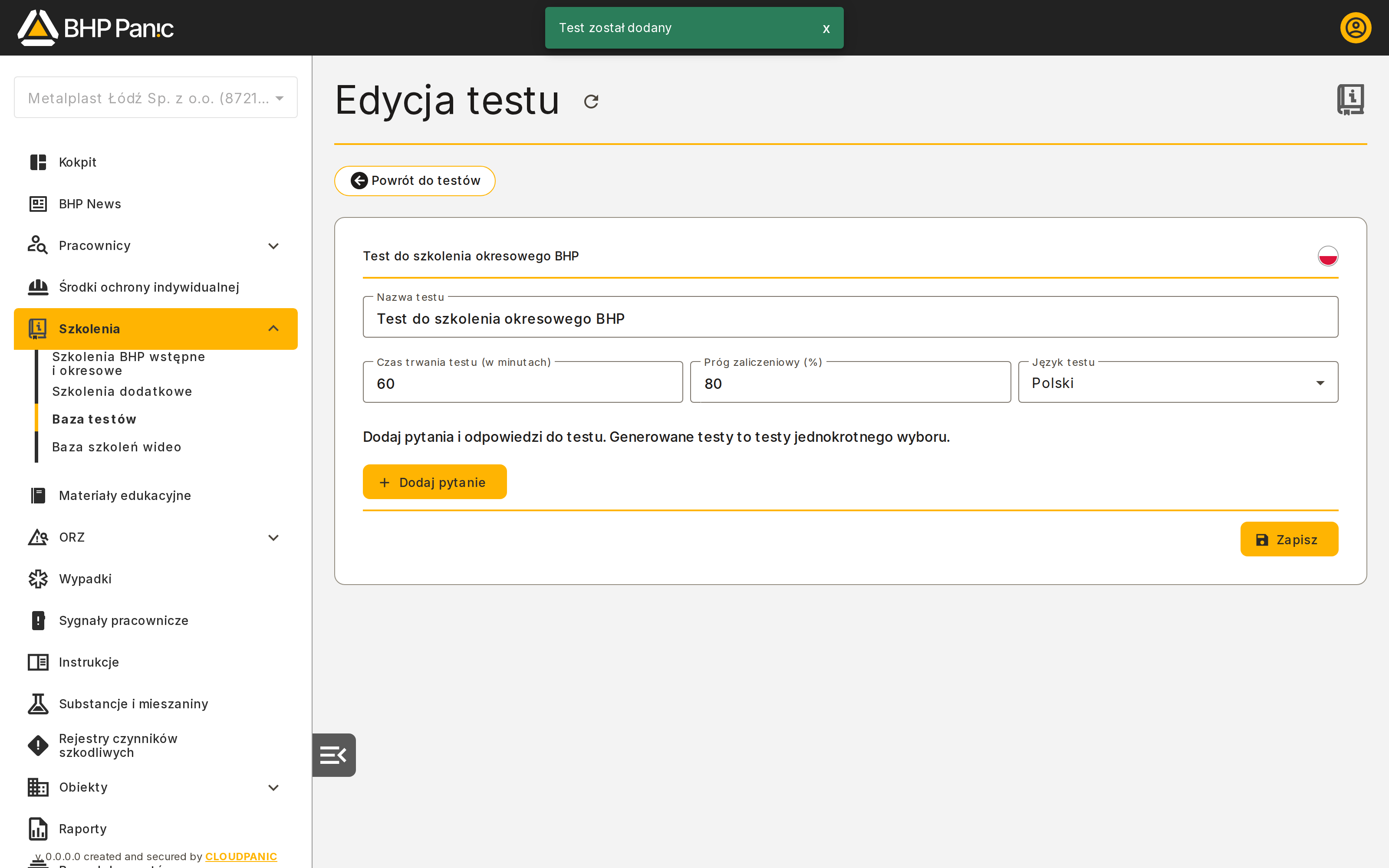 Strona Edycja testu zaraz po zapisaniu nowego testu